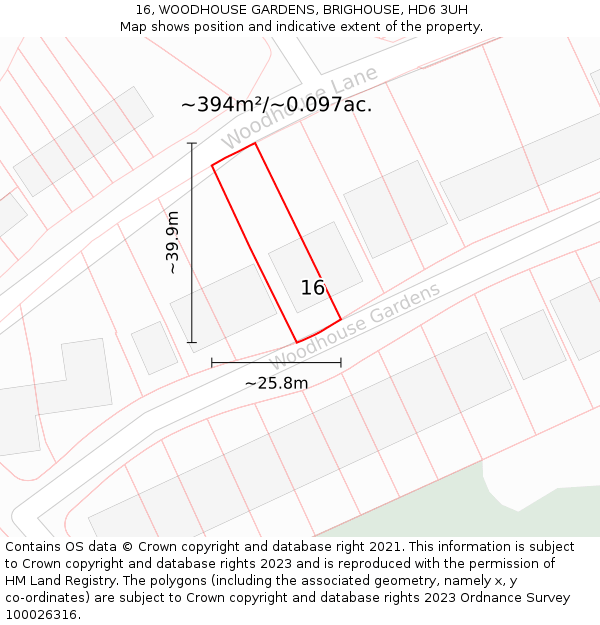 16, WOODHOUSE GARDENS, BRIGHOUSE, HD6 3UH: Plot and title map