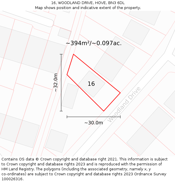 16, WOODLAND DRIVE, HOVE, BN3 6DL: Plot and title map