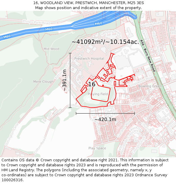 16, WOODLAND VIEW, PRESTWICH, MANCHESTER, M25 3ES: Plot and title map