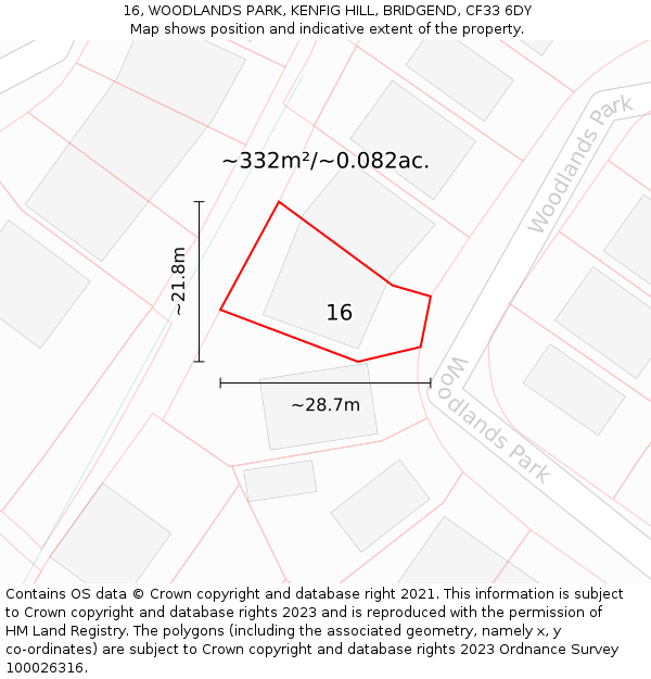 16, WOODLANDS PARK, KENFIG HILL, BRIDGEND, CF33 6DY: Plot and title map