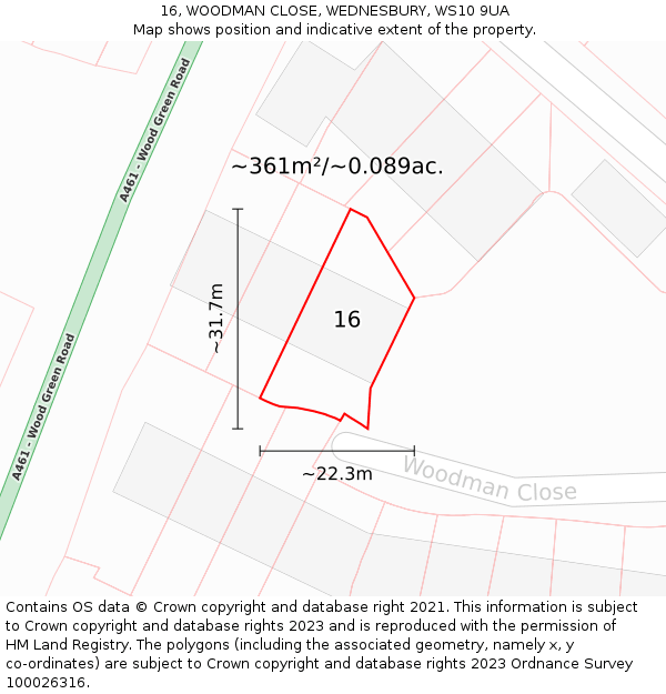 16, WOODMAN CLOSE, WEDNESBURY, WS10 9UA: Plot and title map