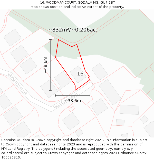 16, WOODMANCOURT, GODALMING, GU7 2BT: Plot and title map