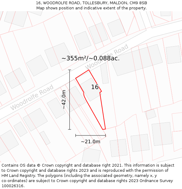 16, WOODROLFE ROAD, TOLLESBURY, MALDON, CM9 8SB: Plot and title map