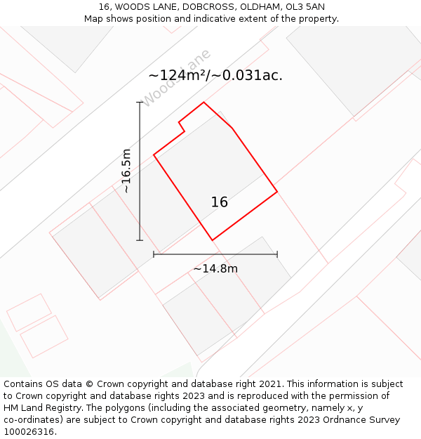 16, WOODS LANE, DOBCROSS, OLDHAM, OL3 5AN: Plot and title map