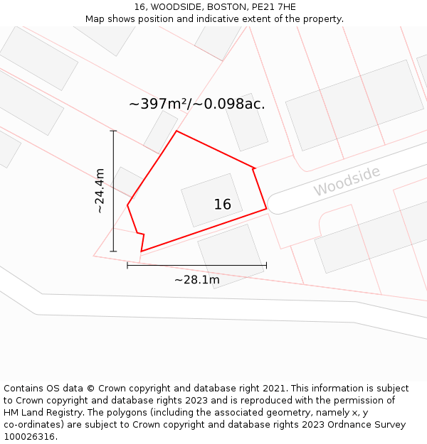 16, WOODSIDE, BOSTON, PE21 7HE: Plot and title map