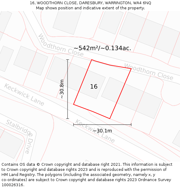 16, WOODTHORN CLOSE, DARESBURY, WARRINGTON, WA4 6NQ: Plot and title map