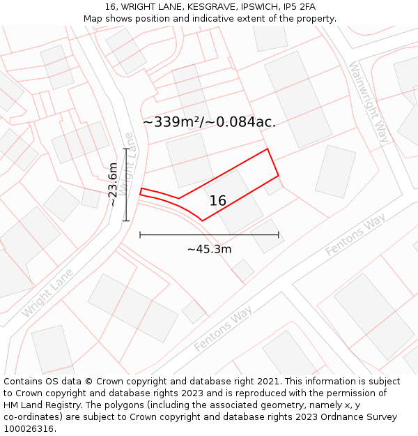 16, WRIGHT LANE, KESGRAVE, IPSWICH, IP5 2FA: Plot and title map