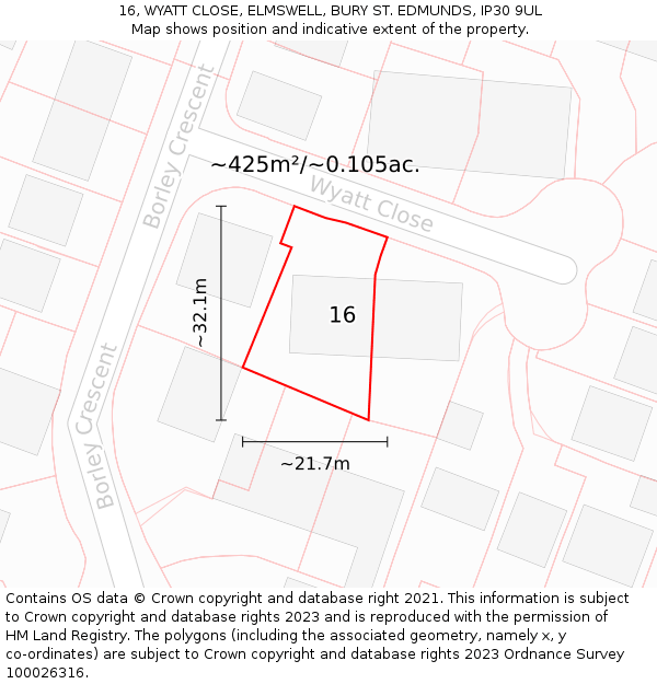 16, WYATT CLOSE, ELMSWELL, BURY ST. EDMUNDS, IP30 9UL: Plot and title map