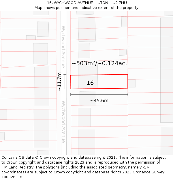 16, WYCHWOOD AVENUE, LUTON, LU2 7HU: Plot and title map