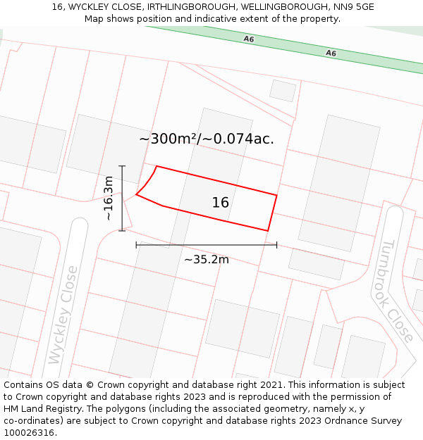 16, WYCKLEY CLOSE, IRTHLINGBOROUGH, WELLINGBOROUGH, NN9 5GE: Plot and title map