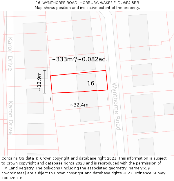 16, WYNTHORPE ROAD, HORBURY, WAKEFIELD, WF4 5BB: Plot and title map