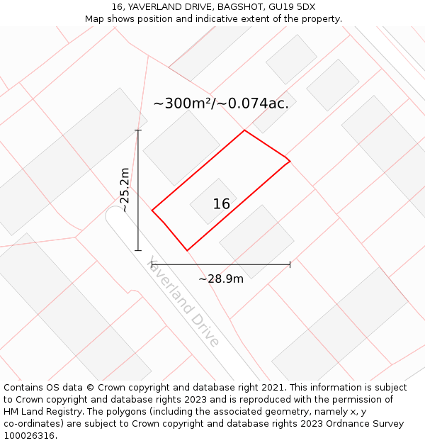 16, YAVERLAND DRIVE, BAGSHOT, GU19 5DX: Plot and title map