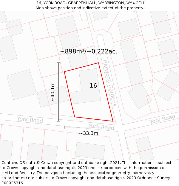 16, YORK ROAD, GRAPPENHALL, WARRINGTON, WA4 2EH: Plot and title map