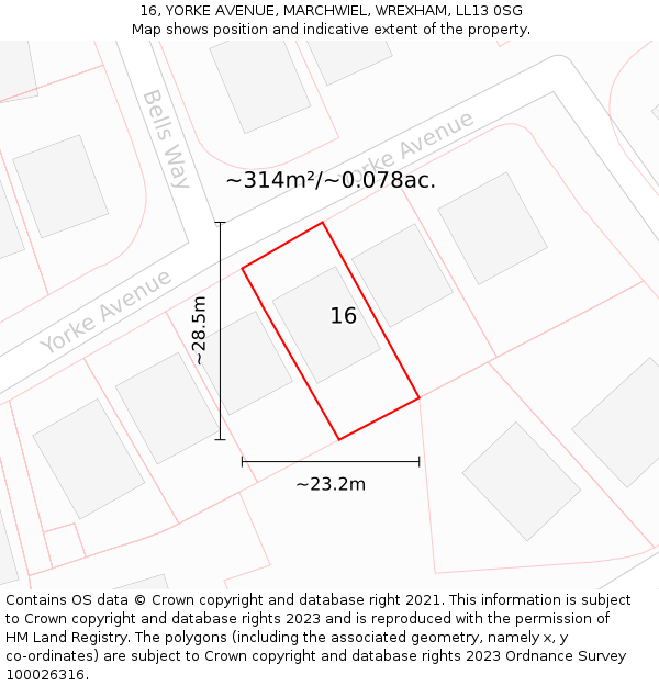 16, YORKE AVENUE, MARCHWIEL, WREXHAM, LL13 0SG: Plot and title map