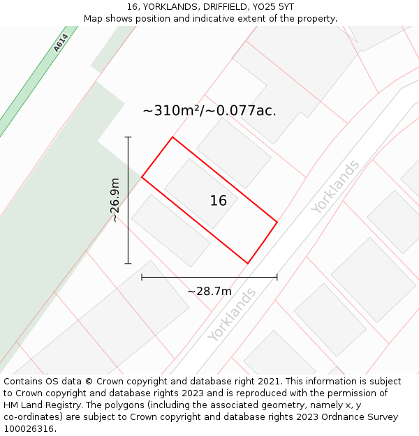 16, YORKLANDS, DRIFFIELD, YO25 5YT: Plot and title map