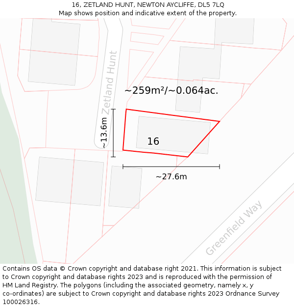 16, ZETLAND HUNT, NEWTON AYCLIFFE, DL5 7LQ: Plot and title map