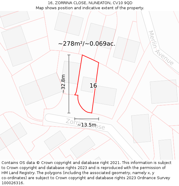 16, ZORRINA CLOSE, NUNEATON, CV10 9QD: Plot and title map