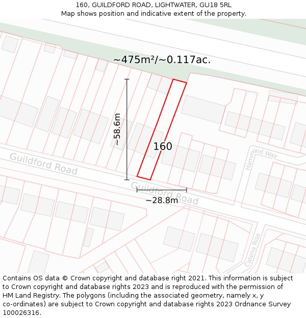 160, GUILDFORD ROAD, LIGHTWATER, GU18 5RL: Plot and title map