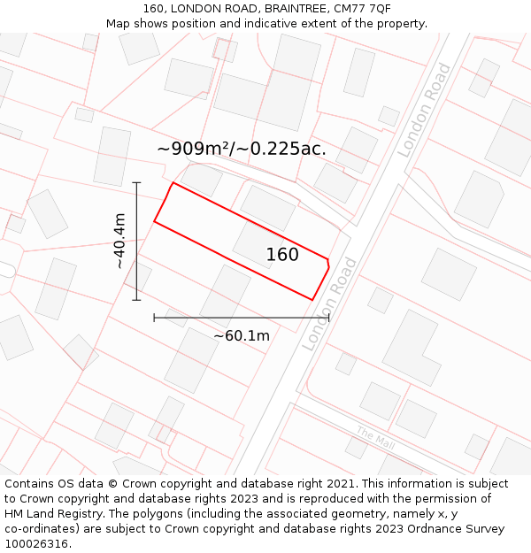 160, LONDON ROAD, BRAINTREE, CM77 7QF: Plot and title map