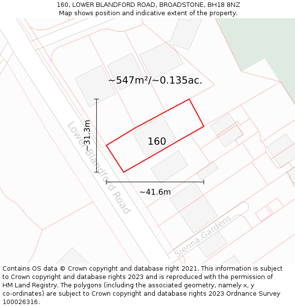 160, LOWER BLANDFORD ROAD, BROADSTONE, BH18 8NZ: Plot and title map