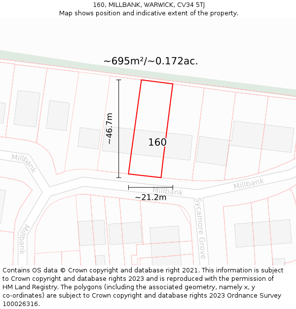 160, MILLBANK, WARWICK, CV34 5TJ: Plot and title map