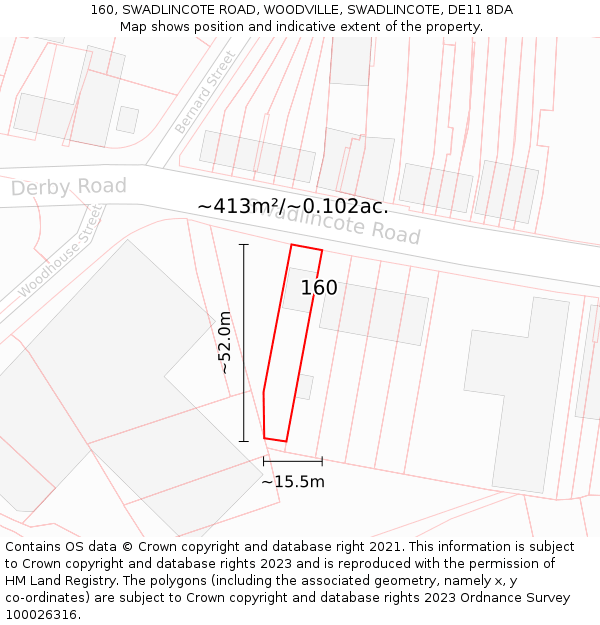 160, SWADLINCOTE ROAD, WOODVILLE, SWADLINCOTE, DE11 8DA: Plot and title map