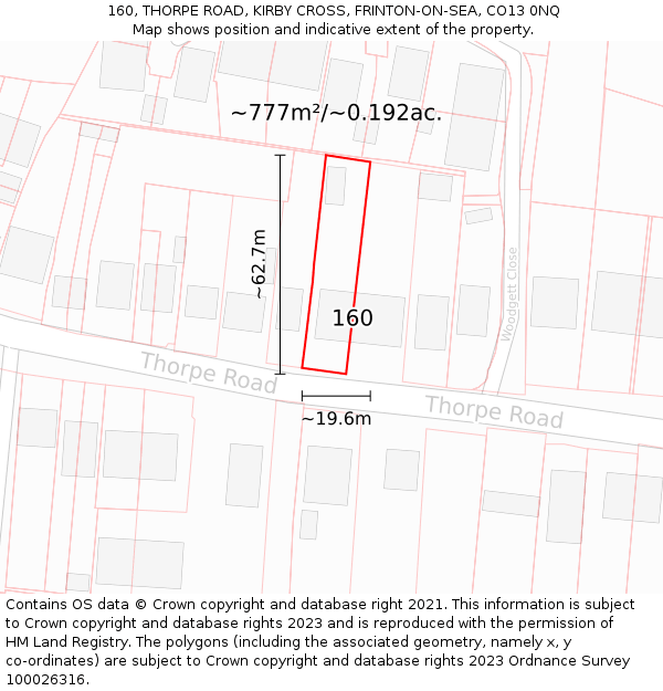 160, THORPE ROAD, KIRBY CROSS, FRINTON-ON-SEA, CO13 0NQ: Plot and title map