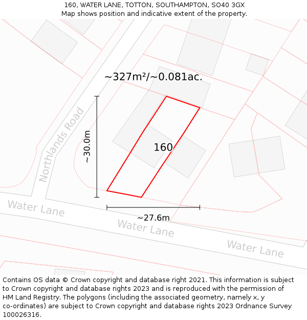 160, WATER LANE, TOTTON, SOUTHAMPTON, SO40 3GX: Plot and title map