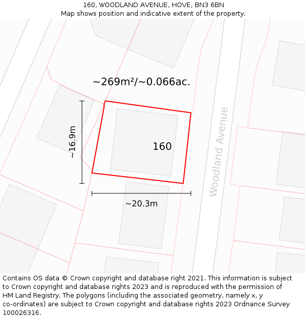 160, WOODLAND AVENUE, HOVE, BN3 6BN: Plot and title map