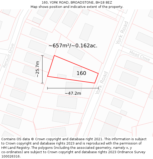 160, YORK ROAD, BROADSTONE, BH18 8EZ: Plot and title map