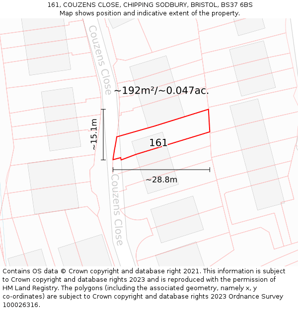 161, COUZENS CLOSE, CHIPPING SODBURY, BRISTOL, BS37 6BS: Plot and title map