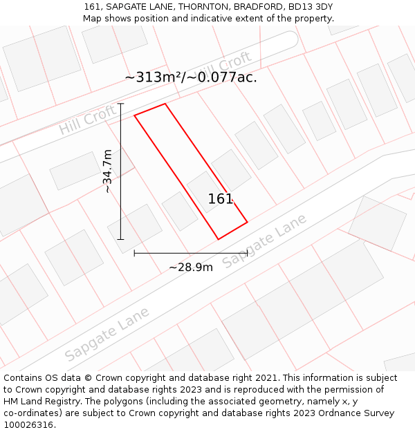 161, SAPGATE LANE, THORNTON, BRADFORD, BD13 3DY: Plot and title map