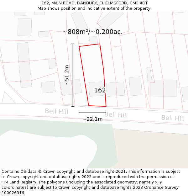 162, MAIN ROAD, DANBURY, CHELMSFORD, CM3 4DT: Plot and title map