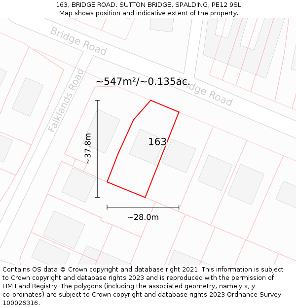 163, BRIDGE ROAD, SUTTON BRIDGE, SPALDING, PE12 9SL: Plot and title map