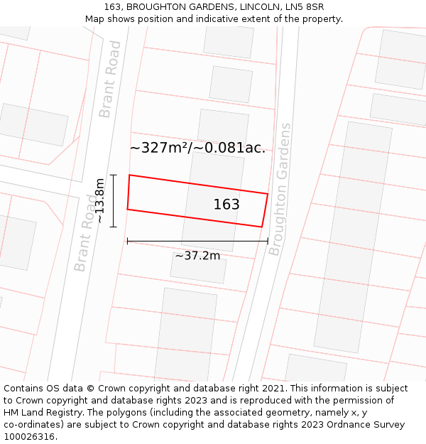 163, BROUGHTON GARDENS, LINCOLN, LN5 8SR: Plot and title map