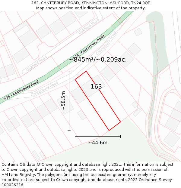 163, CANTERBURY ROAD, KENNINGTON, ASHFORD, TN24 9QB: Plot and title map