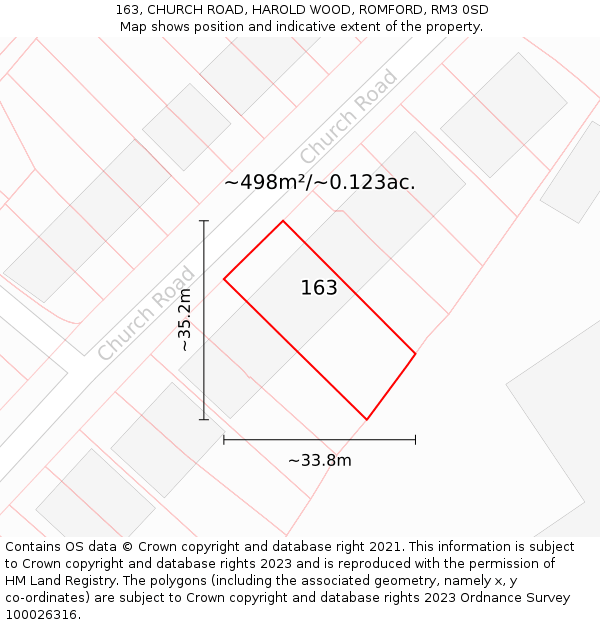 163, CHURCH ROAD, HAROLD WOOD, ROMFORD, RM3 0SD: Plot and title map