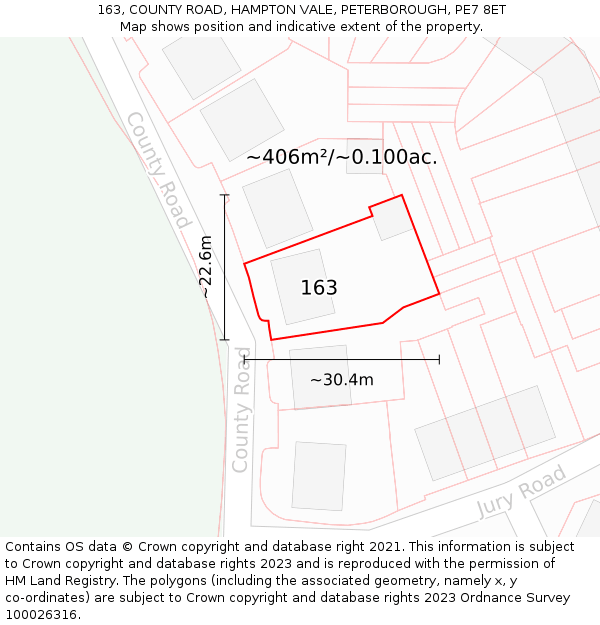 163, COUNTY ROAD, HAMPTON VALE, PETERBOROUGH, PE7 8ET: Plot and title map