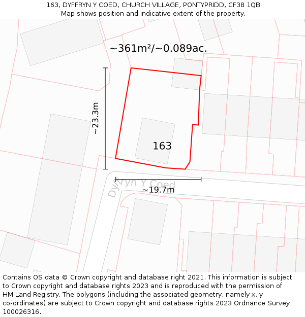 163, DYFFRYN Y COED, CHURCH VILLAGE, PONTYPRIDD, CF38 1QB: Plot and title map