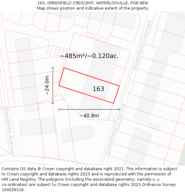 163, GREENFIELD CRESCENT, WATERLOOVILLE, PO8 9EW: Plot and title map