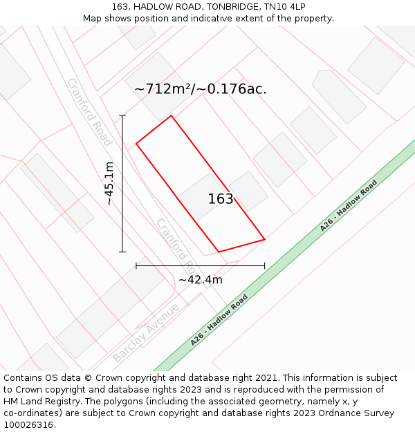 163, HADLOW ROAD, TONBRIDGE, TN10 4LP: Plot and title map