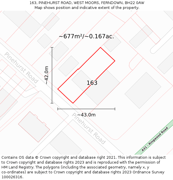 163, PINEHURST ROAD, WEST MOORS, FERNDOWN, BH22 0AW: Plot and title map