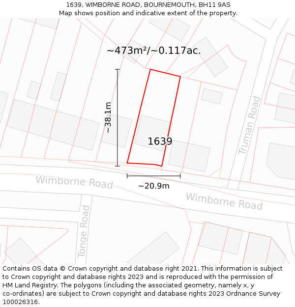 1639, WIMBORNE ROAD, BOURNEMOUTH, BH11 9AS: Plot and title map