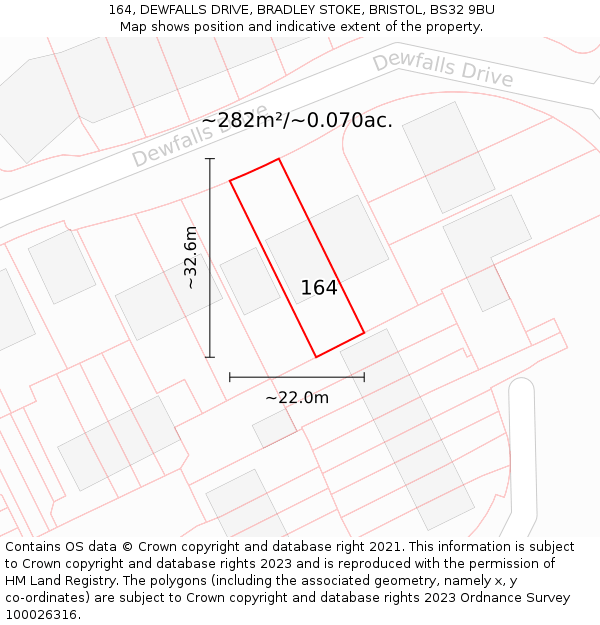 164, DEWFALLS DRIVE, BRADLEY STOKE, BRISTOL, BS32 9BU: Plot and title map