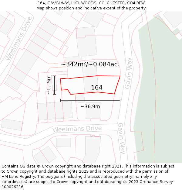 164, GAVIN WAY, HIGHWOODS, COLCHESTER, CO4 9EW: Plot and title map