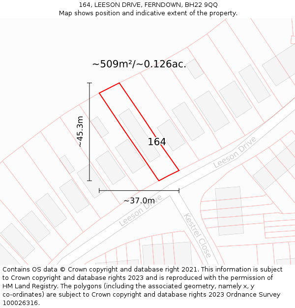 164, LEESON DRIVE, FERNDOWN, BH22 9QQ: Plot and title map