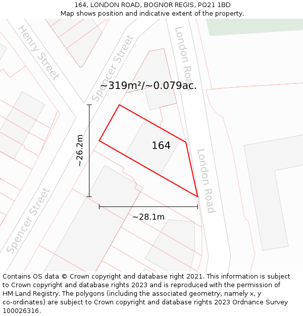 164, LONDON ROAD, BOGNOR REGIS, PO21 1BD: Plot and title map