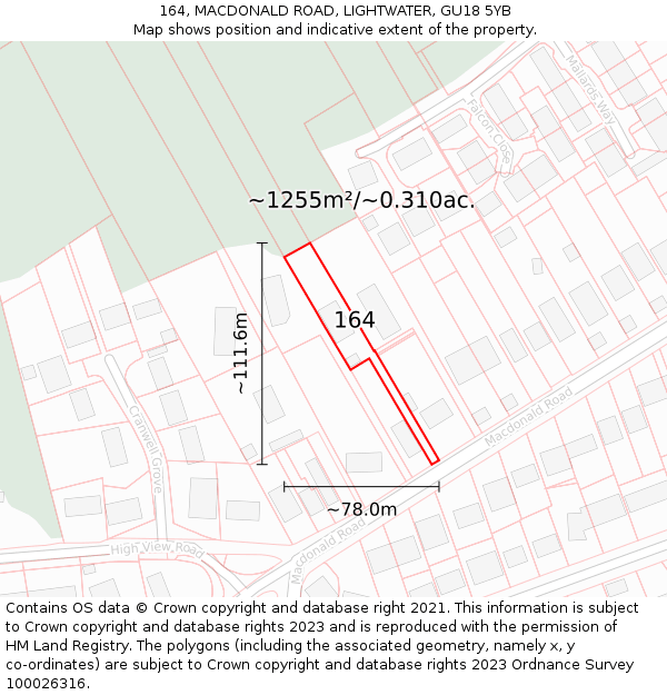 164, MACDONALD ROAD, LIGHTWATER, GU18 5YB: Plot and title map