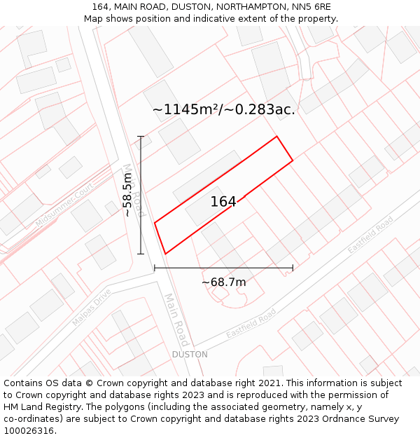 164, MAIN ROAD, DUSTON, NORTHAMPTON, NN5 6RE: Plot and title map