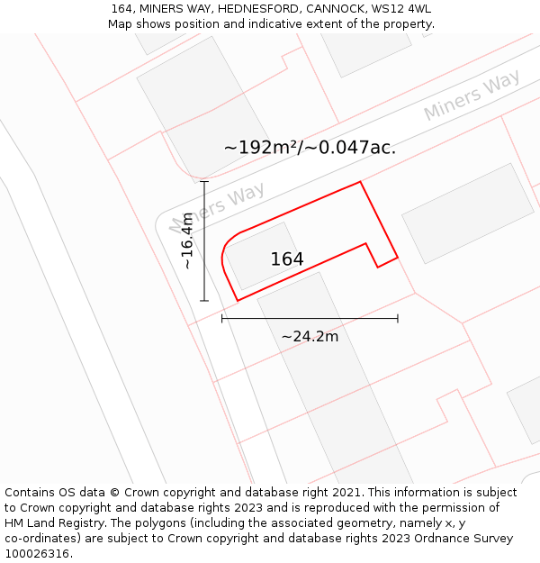 164, MINERS WAY, HEDNESFORD, CANNOCK, WS12 4WL: Plot and title map